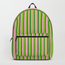 [ Thumbnail: Light Pink, Green & Forest Green Colored Lines Pattern Backpack ]