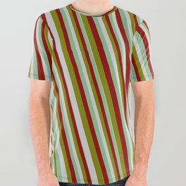 [ Thumbnail: Green, Light Gray, Dark Sea Green & Dark Red Colored Lines Pattern All Over Graphic Tee ]