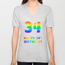 [ Thumbnail: HAPPY 34TH BIRTHDAY - Multicolored Rainbow Spectrum Gradient V Neck T Shirt V-Neck T-Shirt ]
