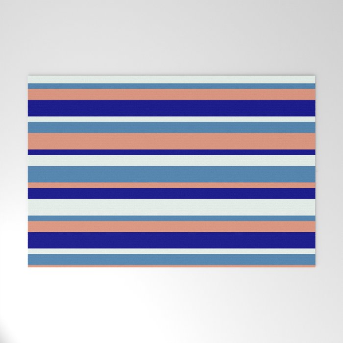 Blue, Dark Salmon, Dark Blue & Mint Cream Colored Stripes Pattern Welcome Mat