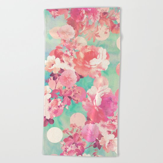 Romantic Pink Retro Floral Pattern Teal Polka Dots Beach Towel