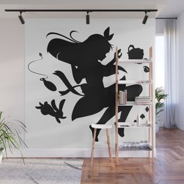 Alice in wonderland falling silhouette (black) Wall Mural