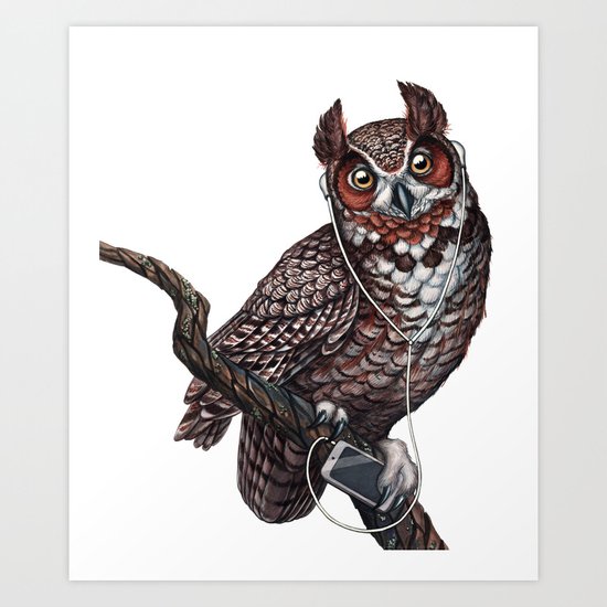 Great Horned Owl with Headphones Art Print