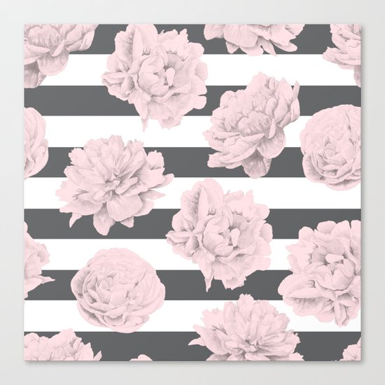 Rose Garden Stripes Pink Flamingo on Storm Gray and White Canvas Print