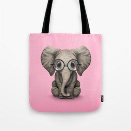 Cute Baby Elephant Calf with Reading Glasses on Pink Tote Bag