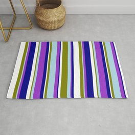 [ Thumbnail: Eyecatching Green, Light Blue, Dark Orchid, Dark Blue, and White Colored Lined/Striped Pattern Rug ]