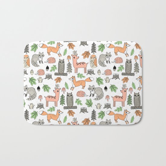 Woodland foxes rabbits deer owls forest animals cute pattern by andrea lauren Bath Mat