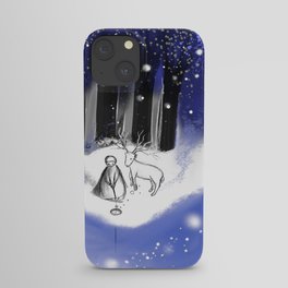 Reindeer and angel elf playing gold with stars in the snow iPhone Case