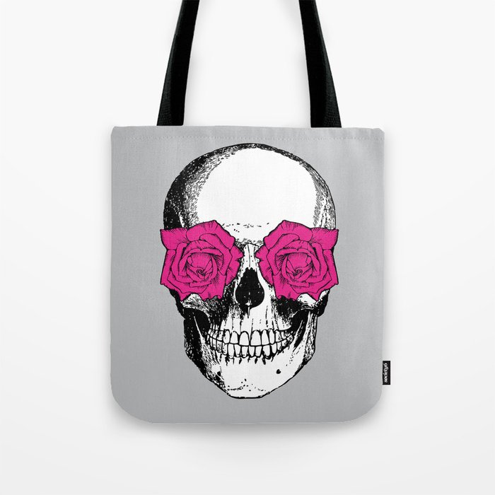 Skull and Roses | Skull and Flowers | Vintage Skull | Grey and Pink | Tote Bag