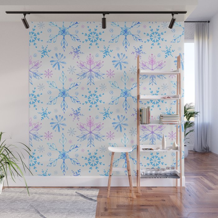 Christmas Pattern Hand Drawn Watercolor Snowflake Wall Mural