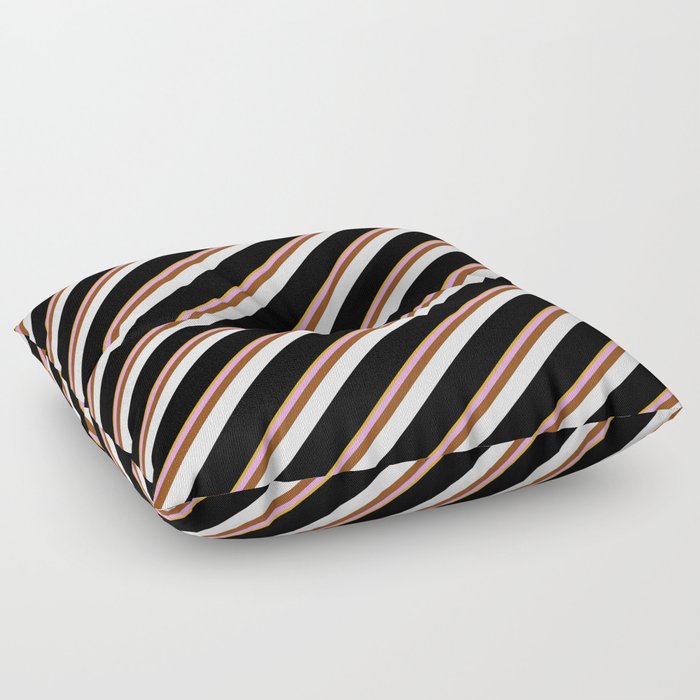 Eye-catching Goldenrod, Plum, Brown, White & Black Colored Stripes Pattern Floor Pillow