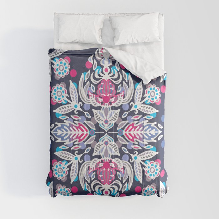 Pastel Folk Art Pattern in soft navy, pink, mauve & white Comforter