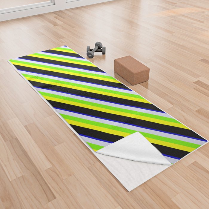Colorful Blue, Lavender, Green, Yellow, and Black Colored Stripes Pattern Yoga Towel