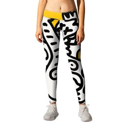 Black and White Cool Monsters Graffiti on Yellow Background Leggings