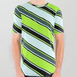 [ Thumbnail: Light Green, Dark Slate Gray, Light Cyan, and Black Colored Striped Pattern All Over Graphic Tee ]