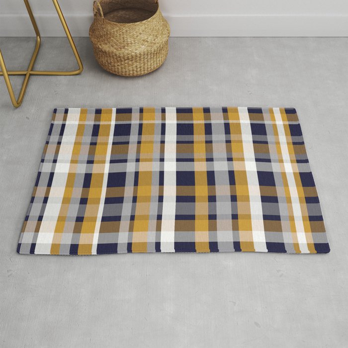 Modern Retro Plaid in Mustard Yellow, White, Navy Blue, and Grey Rug