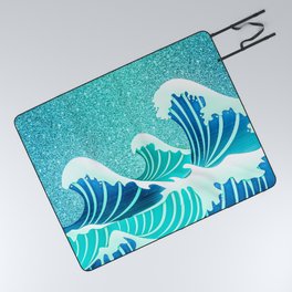 Abstract White Navy Blue Teal Glitter Japanese Waves Picnic Blanket