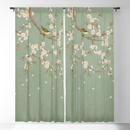 Chinoiserie Sage Green Cherry Blossom Bird Garden Blackout Curtain