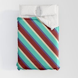 [ Thumbnail: Light Yellow, Turquoise, Dark Slate Blue, and Maroon Colored Stripes Pattern Duvet Cover ]