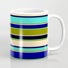 [ Thumbnail: Turquoise, Green, Beige, Blue & Black Colored Striped/Lined Pattern Coffee Mug ]