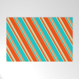 [ Thumbnail: Pale Goldenrod, Dark Turquoise, Brown, and Red Colored Lines/Stripes Pattern Welcome Mat ]