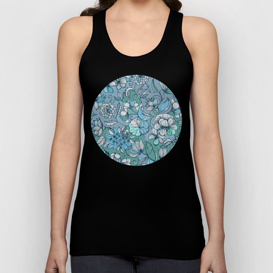 Hand drawn Floral in Blue, Grey & Mint Green Unisex Tank Top