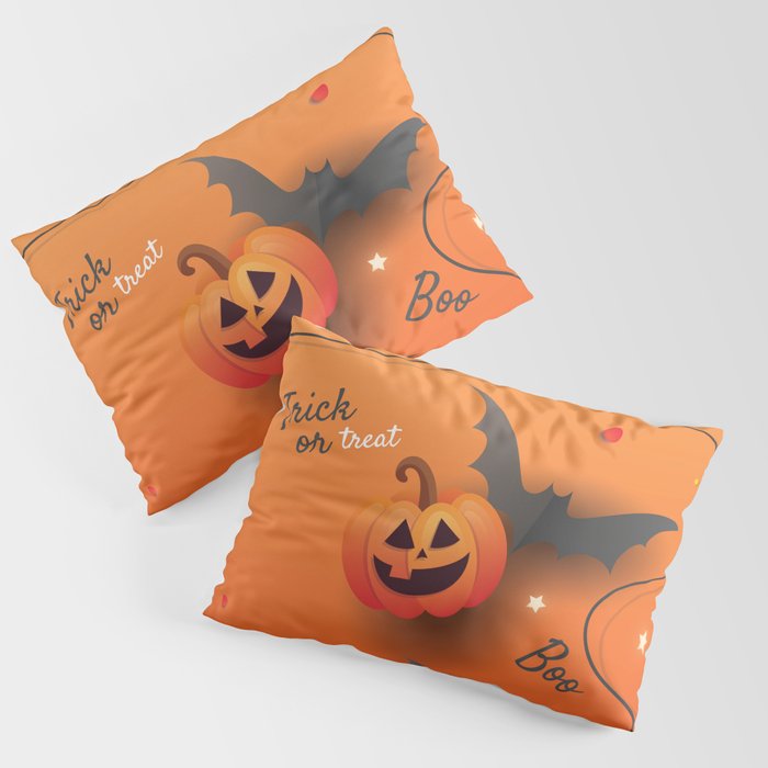 Creative elements  for halloween celebration. Top view pumpkins, candy and confetti Pillow Sham