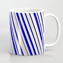 [ Thumbnail: Blue, Tan & Mint Cream Colored Lined Pattern Coffee Mug ]