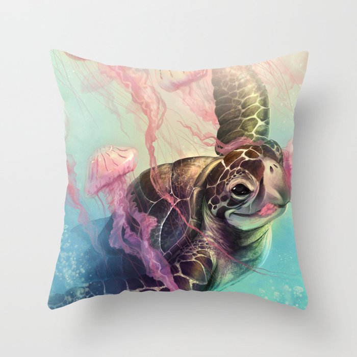 Sea Turtle and Jellyfish! Throw Pillow