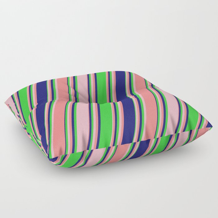 Lime Green, Light Pink, Light Coral & Midnight Blue Colored Lines/Stripes Pattern Floor Pillow