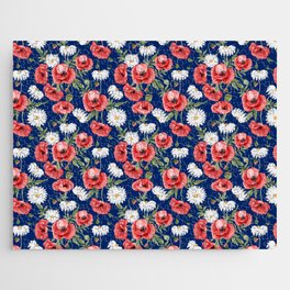 Daisy and Poppy Seamless Pattern on Blue Background Jigsaw Puzzle
