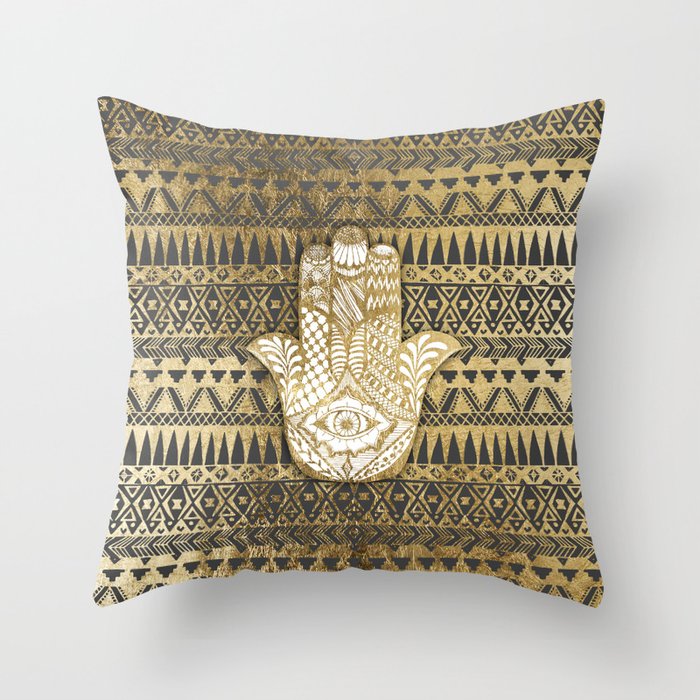 Faux Print Gold Hamsa Hand And Tribal Aztec Throw Pillow By