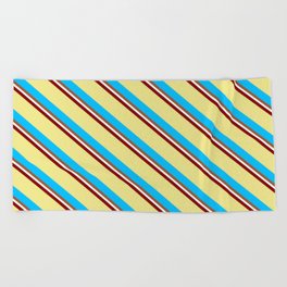 [ Thumbnail: Vibrant Maroon, Tan, Deep Sky Blue, Sienna & White Colored Striped/Lined Pattern Beach Towel ]