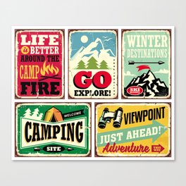 Hiking and camping retro signs collection. Outdoor activities vintage posters set. Wilderness and adventures illustration.  Canvas Print