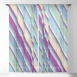 [ Thumbnail: Eyecatching Blue, Dark Sea Green, Sky Blue, Beige, and Purple Colored Lines Pattern Sheer Curtain ]