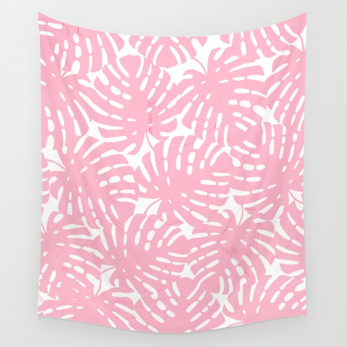 Pink Monstera Leaves Wall Tapestry