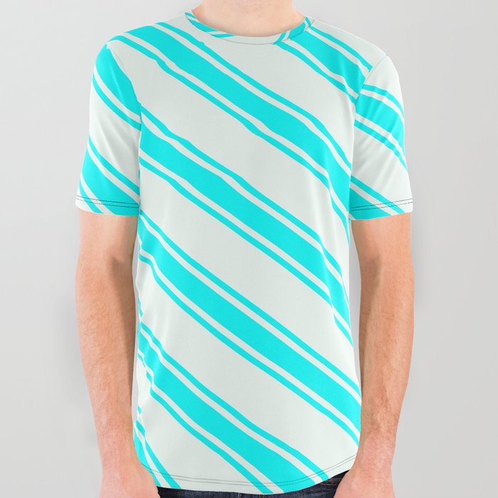 Mint Cream & Aqua Colored Lined/Striped Pattern All Over Graphic Tee