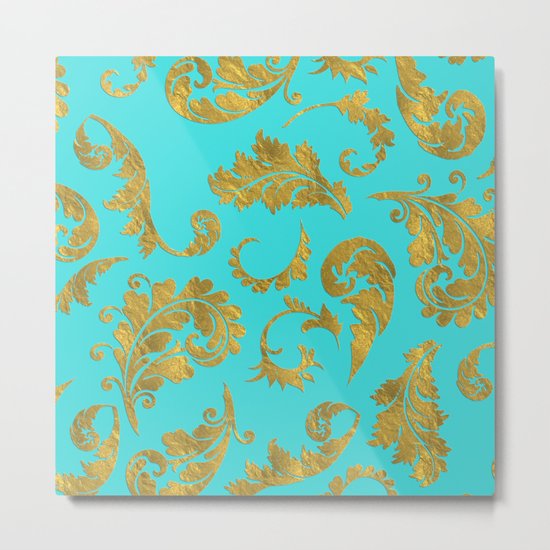 Queenlike on aqua - Gold glitter ornaments on aqua background- pattern Metal Print