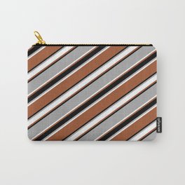 [ Thumbnail: Dark Gray, White, Sienna & Black Colored Pattern of Stripes Carry-All Pouch ]