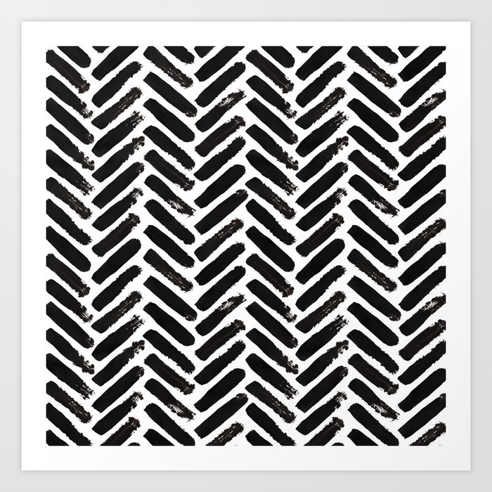 Painted Herringbone Stripe \\ Black & White Art Print