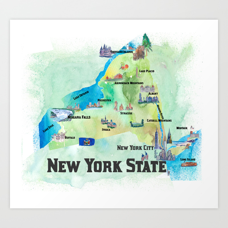 Usa New York State Travel Poster Map With Tourist Highlights Art Print By Artshop77 Society6