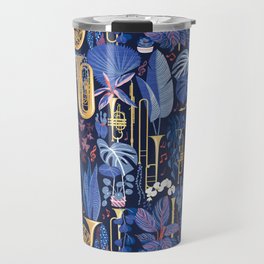 Music to my eyes // oxford navy blue background gold textured musical instruments blue indoor plants coral music notes Travel Mug