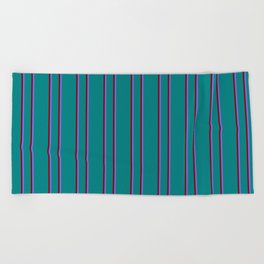 [ Thumbnail: Teal, Maroon & Medium Slate Blue Colored Lined/Striped Pattern Beach Towel ]