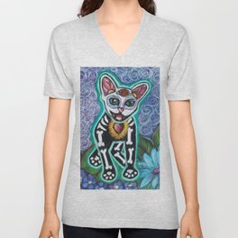 Turquoise Day of the Dead Cat Unisex V-Neck
