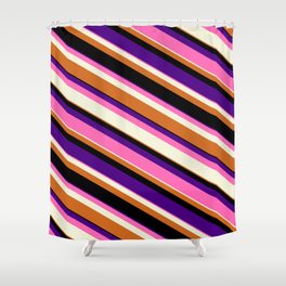 [ Thumbnail: Colorful Indigo, Hot Pink, Beige, Chocolate & Black Colored Lined Pattern Shower Curtain ]