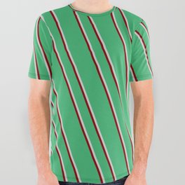 [ Thumbnail: Sea Green, Light Gray, and Maroon Colored Lined Pattern All Over Graphic Tee ]