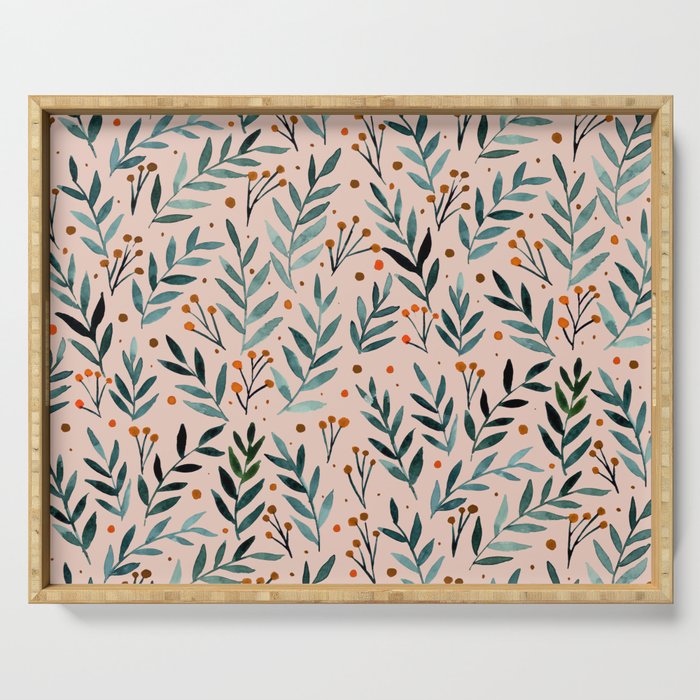 Festive watercolor branches - beige, teal and orange  Serving Tray