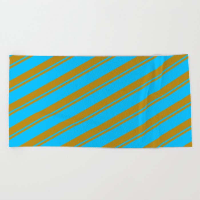 Dark Goldenrod and Deep Sky Blue Colored Striped/Lined Pattern Beach Towel