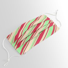 [ Thumbnail: Bisque, Green, and Crimson Colored Striped/Lined Pattern Face Mask ]