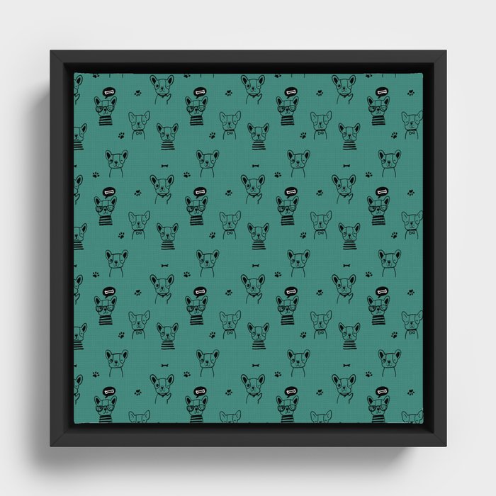 Green Blue and Black Hand Drawn Dog Puppy Pattern Framed Canvas